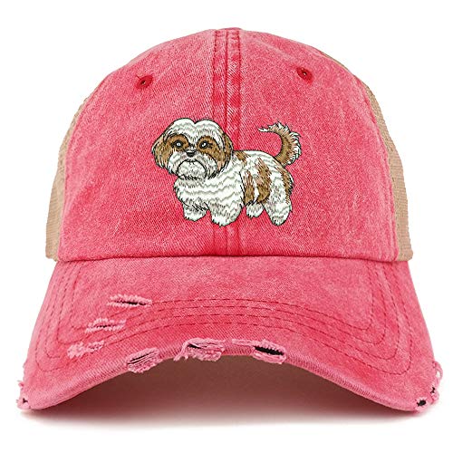 Trendy Apparel Shop Shih Tzu Dog Embroidered Frayed Bill Trucker Mesh Back Cap