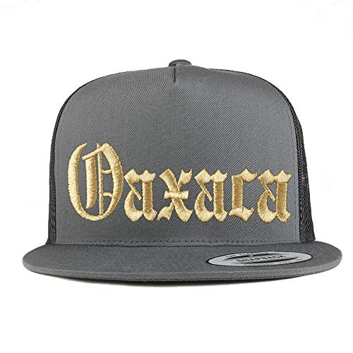 Trendy Apparel Shop Old English Oaxaca Gold Embroidered 5 Panel Flatbill Trucker Mesh Cap