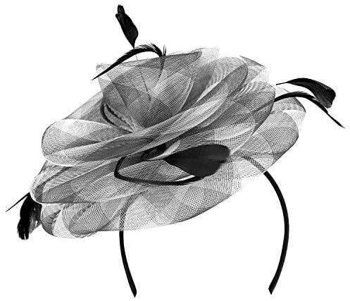 Trendy Apparel Shop Checkered Mesh Swirl Flower Feather Fascinator Headpiece