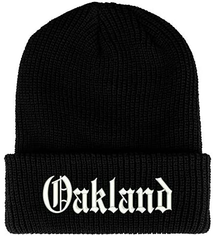 Trendy Apparel Shop Old English Font Oakland City Embroidered Ribbed Cuff Knit Beanie