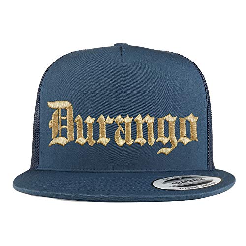 Trendy Apparel Shop Old English Durango Gold Embroidered 5 Panel Flatbill Trucker Mesh Cap