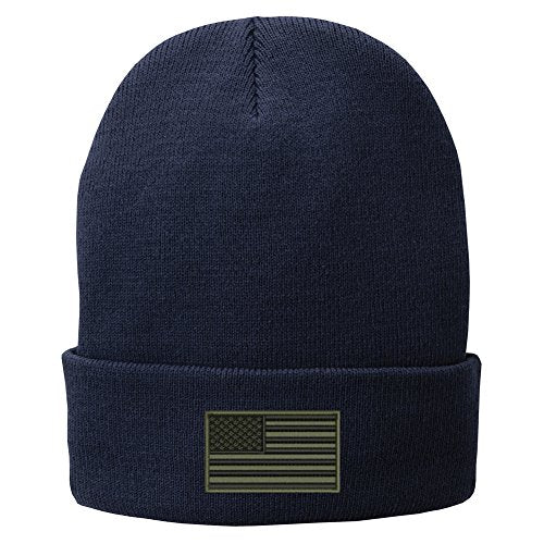 Trendy Apparel Shop US American Flag Olive Embroidered Winter Folded Long Beanie