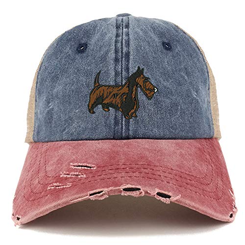 Trendy Apparel Shop Scottish Terrier Dog Embroidered Frayed Bill Trucker Mesh Back Cap