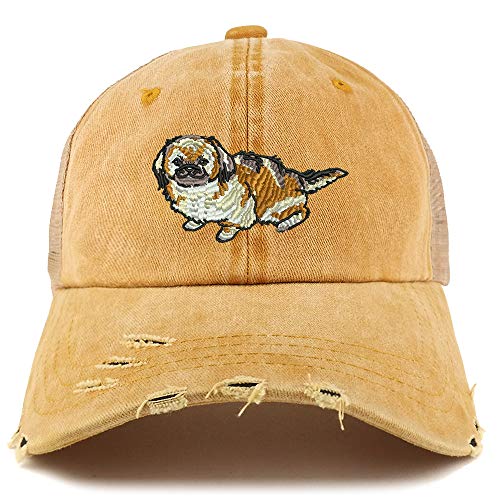Trendy Apparel Shop Pekingese Dog Embroidered Frayed Bill Trucker Mesh Back Cap