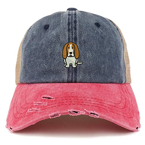 Trendy Apparel Shop Basset Hound Dog Embroidered Frayed Bill Trucker Mesh Back Cap