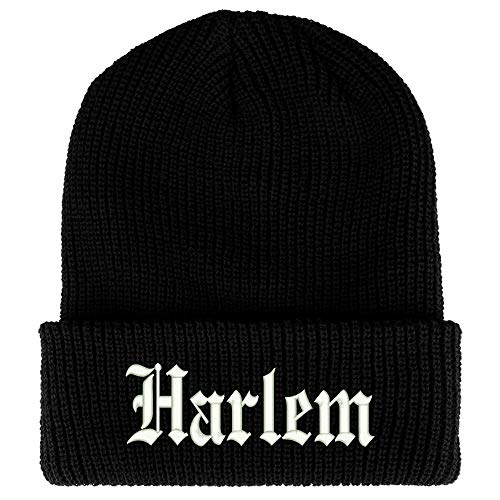 Trendy Apparel Shop Old English Font Harlem City Embroidered Ribbed Cuff Knit Beanie