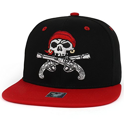 Trendy Apparel Shop Pirate Skull Guns Embroidered Flatbill Cotton Snapback Cap