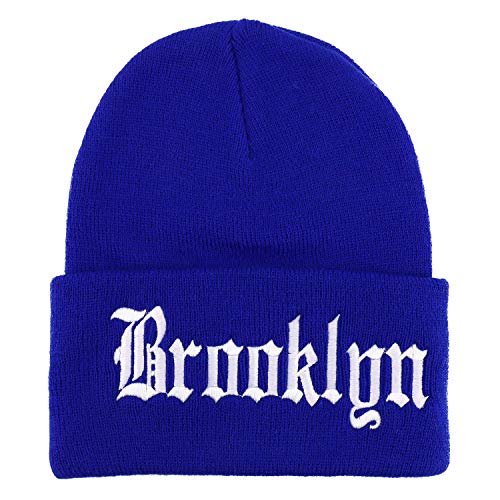 Trendy Apparel Shop Brooklyn Old English Font Embroidered Long Cuff Beanie