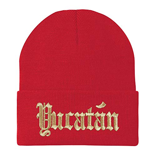 Trendy Apparel Shop Old English Yucatan Gold Embroidered Acrylic Knit Beanie Cap