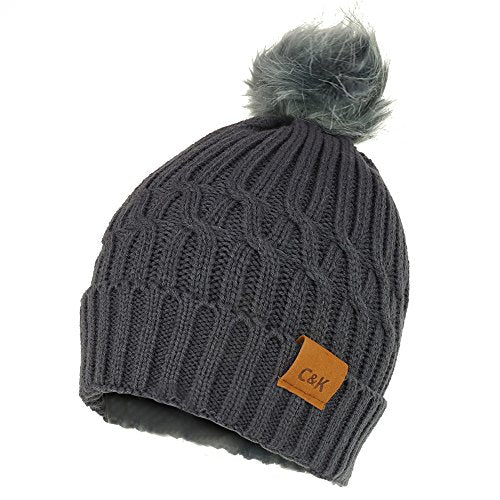 Trendy Apparel Shop Cable Knit Pom Pom Beanie with Fur Texture Lining