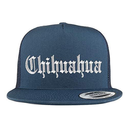 Trendy Apparel Shop Old English Chihuahua White Embroidered 5 Panel Flatbill Trucker Mesh Cap