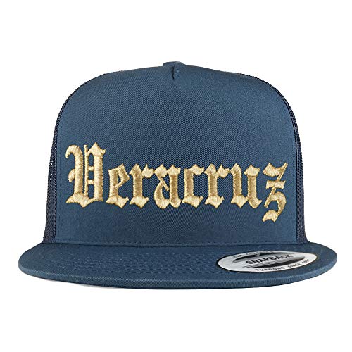 Trendy Apparel Shop Old English Veracruz Gold Embroidered 5 Panel Flatbill Trucker Mesh Cap