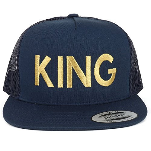 Trendy Apparel Shop King Gold Embroidered 5 Panel Flat Bill Mesh Cap