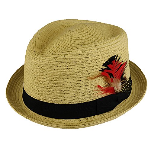 Trendy Apparel Shop Men's Pork Pie Straw Fedora Hat with Feather Grosgrain Hat Band