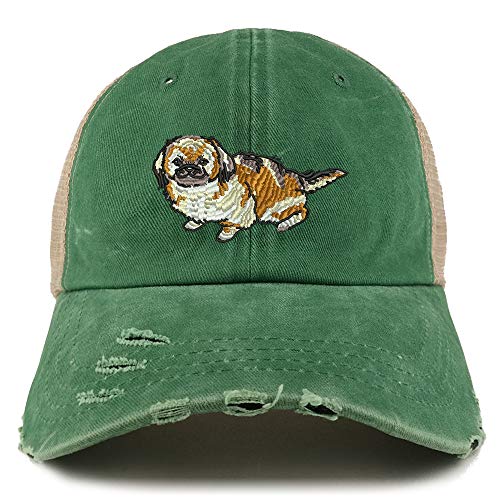 Trendy Apparel Shop Pekingese Dog Embroidered Frayed Bill Trucker Mesh Back Cap