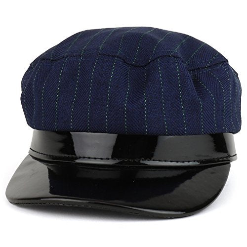 Trendy Apparel Shop Striped Greek Newsboy Style Fiddler Patent Leather Trim Hat