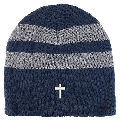 Trendy Apparel Shop Cross Embroidered Fleece Lined Striped Short Beanie