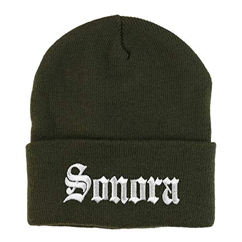 Trendy Apparel Shop Old English Sonora White Embroidered Acrylic Knit Beanie Cap