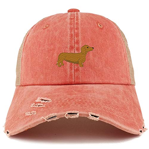 Trendy Apparel Shop Dachshund Dog Embroidered Frayed Bill Trucker Mesh Back Cap