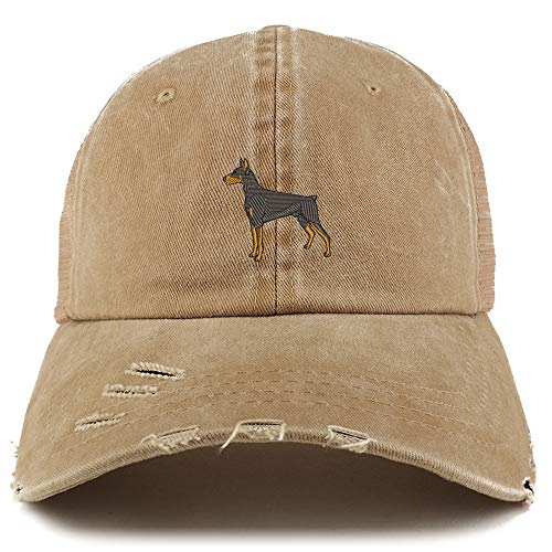 Trendy Apparel Shop Doberman Dog Embroidered Frayed Bill Trucker Mesh Back Cap