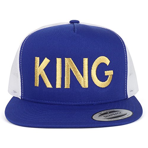 Trendy Apparel Shop King Gold Embroidered 5 Panel Flat Bill 2-Tone Mesh Cap
