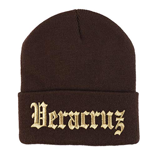 Trendy Apparel Shop Old English Veracruz Gold Embroidered Acrylic Knit Beanie Cap