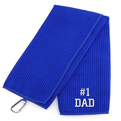 Trendy Apparel Shop Number #1 Dad Embroidered Trifold Waffle Textured Microfiber Gold Towel with Carabiner
