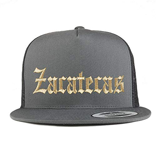 Trendy Apparel Shop Old English Zacatecas Gold Embroidered 5 Panel Flatbill Trucker Mesh Cap