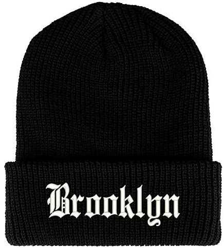 Trendy Apparel Shop Old English Font Brooklyn City Embroidered Ribbed Cuff Knit Beanie