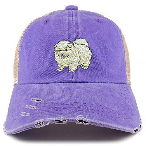 Trendy Apparel Shop Chow Chow Dog Embroidered Frayed Bill Trucker Mesh Back Cap