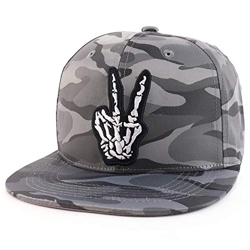Trendy Apparel Shop Skeleton Finger Embroidered Camo Satin Flatbill Baseball Cap
