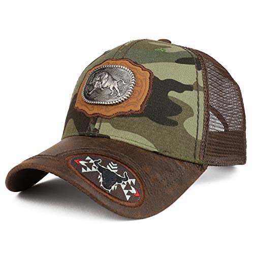 Trendy Apparel Shop Metallic Bull Badge on Leather Patch Trucker Mesh Ball Cap