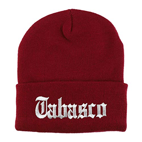 Trendy Apparel Shop Old English Tabasco White Embroidered Acrylic Knit Beanie Cap