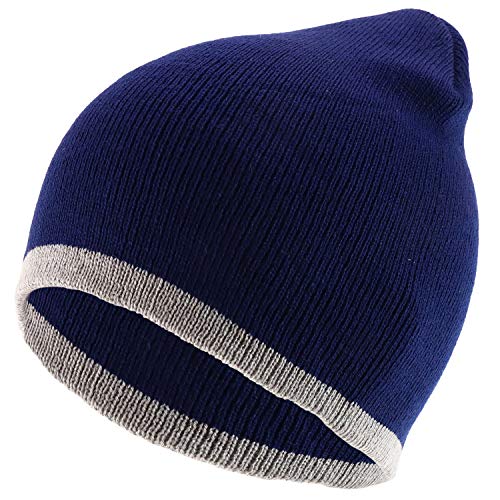 Trendy Apparel Shop Two Tone Color Bottom Striped Short Knit Winter Beanie Hat