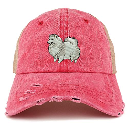 Trendy Apparel Shop Spitz Dog Embroidered Frayed Bill Trucker Mesh Back Cap