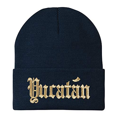 Trendy Apparel Shop Old English Yucatan Gold Embroidered Acrylic Knit Beanie Cap