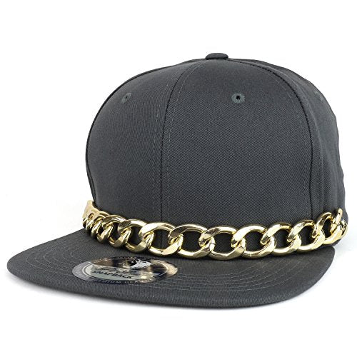 Trendy Apparel Shop Plain Hip Hop Flat Bill Snapback Cap with Gold Chain