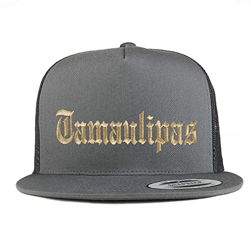 Trendy Apparel Shop Old English Tamaulipas Gold Embroidered 5 Panel Flatbill Trucker Mesh Cap