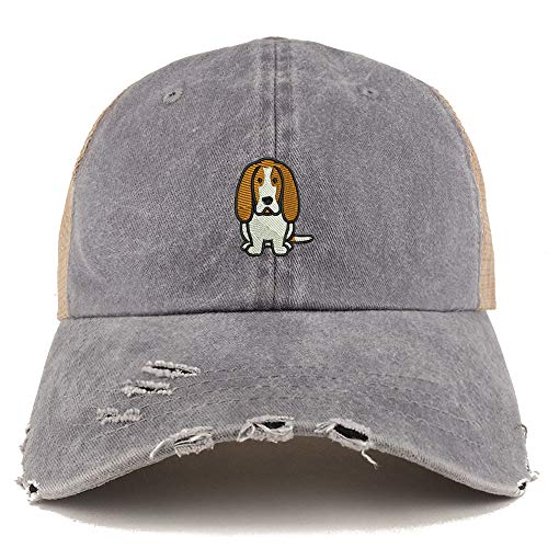 Trendy Apparel Shop Basset Hound Dog Embroidered Frayed Bill Trucker Mesh Back Cap