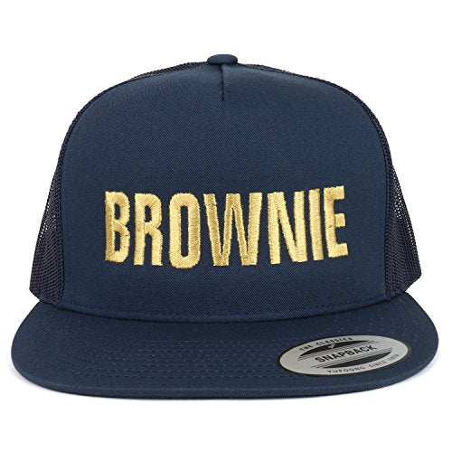 Trendy Apparel Shop Brownie Gold Embroidered 5 Panel Flat Bill Mesh Cap