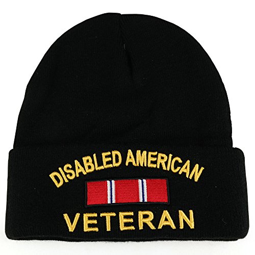 Trendy Apparel Shop Disabled American Veteran 3D Embroidered Military Long Cuff Beanie - Black