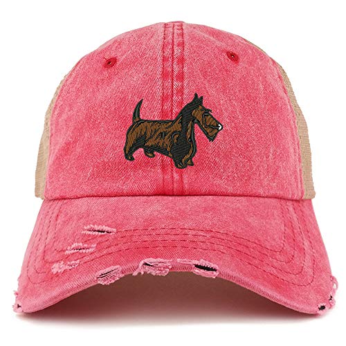 Trendy Apparel Shop Scottish Terrier Dog Embroidered Frayed Bill Trucker Mesh Back Cap
