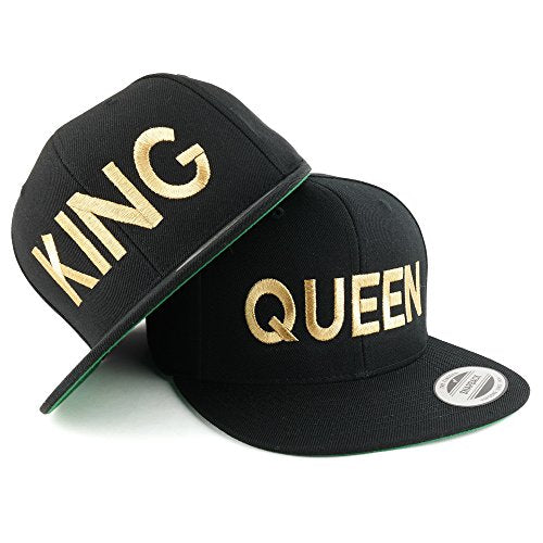 Trendy Apparel Shop King and Queen Gold Embroidered Flat Bill Structured Baseball Cap