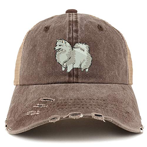 Trendy Apparel Shop Spitz Dog Embroidered Frayed Bill Trucker Mesh Back Cap