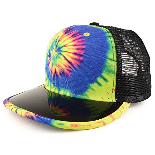 Trendy Apparel Shop Tie Dye Printed Mesh Snapback Hat with Transparent PVC Flat Bill