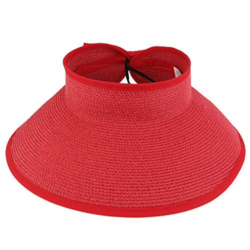 Trendy Apparel Shop Womens UPF 50+ Paper Braid Rolled UV Protection Visor Hat with Bow