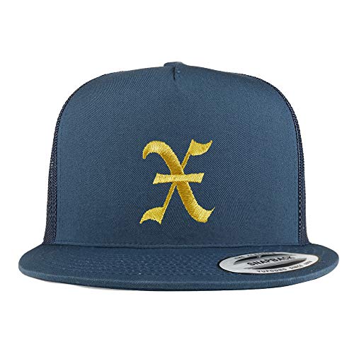 Trendy Apparel Shop Old English Gold X Embroidered 5 Panel Flatbill Trucker Mesh Cap