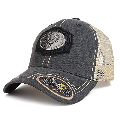 Trendy Apparel Shop Metallic Rooster Emblem Leather Patch Trucker Baseball Cap