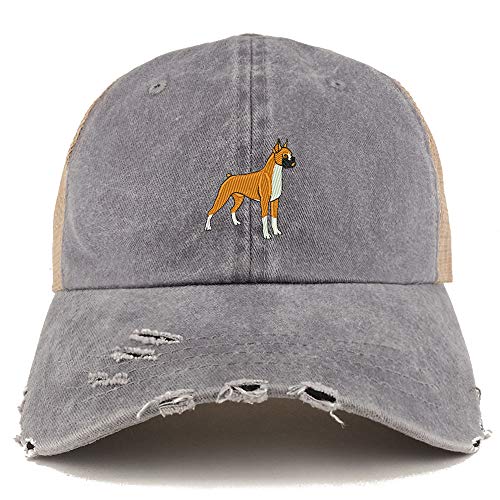 Trendy Apparel Shop Boxer Dog Embroidered Frayed Bill Trucker Mesh Back Cap