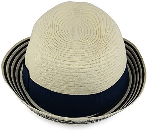 Trendy Apparel Shop Ladies Stylish Striped Brim Paper Braid Fedora with Hat Band